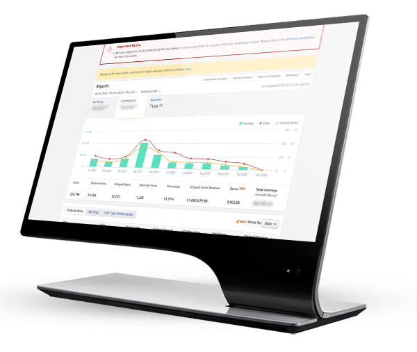 A monitor showing Amazon affiliate sales data